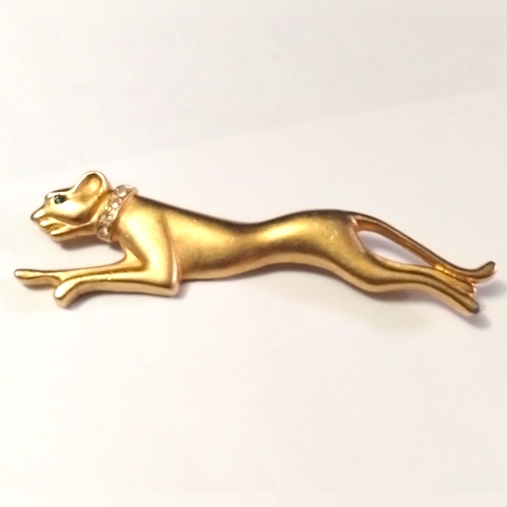 Vtg 1980S Jackie Collins Running Panther Cat Matte Gold Rhinestone Pin Brooch